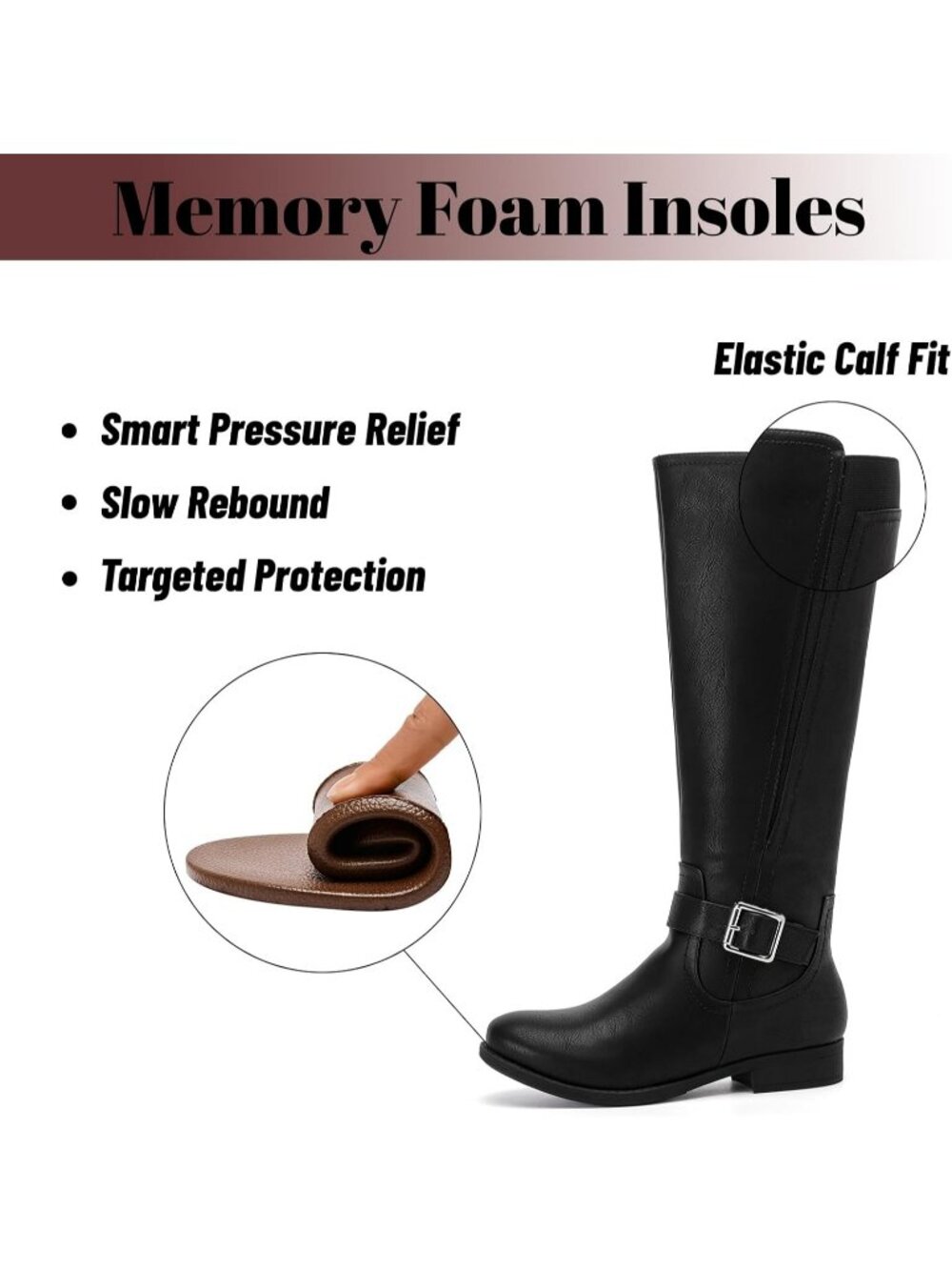 Women's Black Leather Rubber Slouchy Knee High Comfortable Stylish Tall Boots - Picture 5 of 6